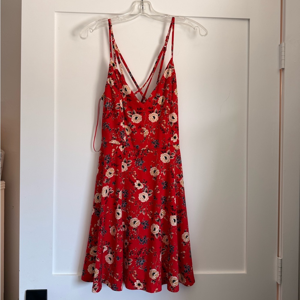 nine britton Red Floral V-Neck Spaghetti Strap Mini Dress
